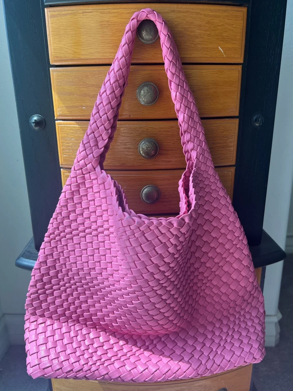 Antik Kraft Parker Woven Vegan Leather Hobo Bag Fuchsia Pink Braided Magnet Tote